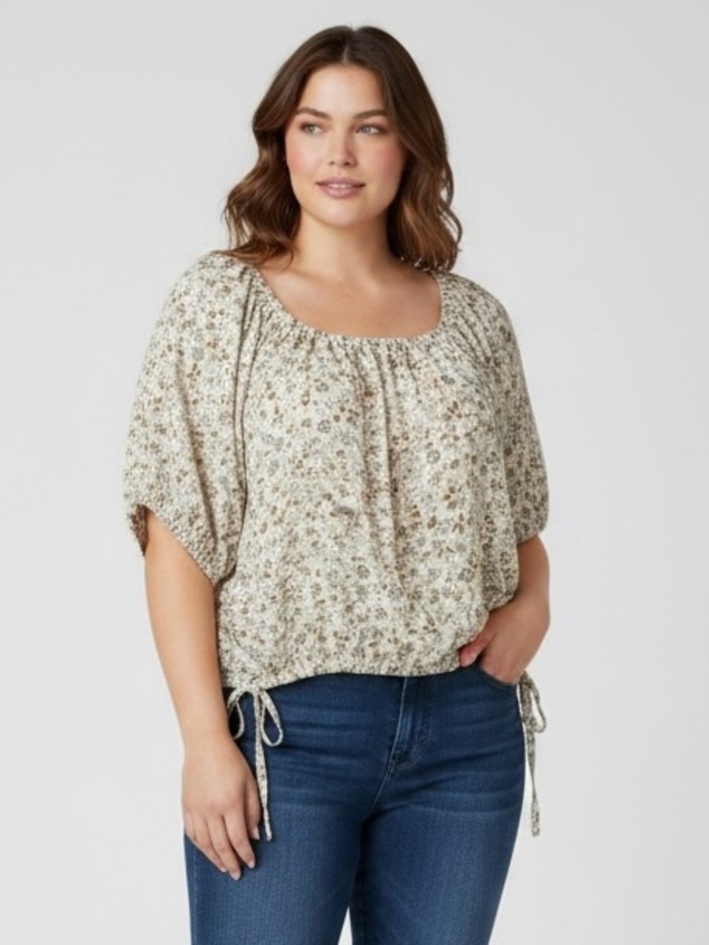 LOFT Cream Floral Drawstring Hem Blouse size XL
